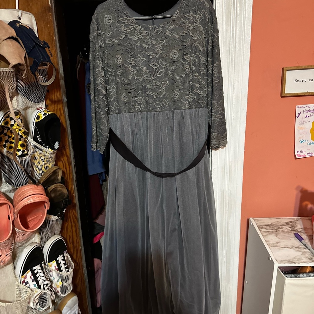 Elegant Gray Lace Overlay Dress